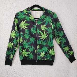 Peacocks Green Weed Leaf Hoodie S Black Green Zip Up Streetwear Y2K Skater 35x23